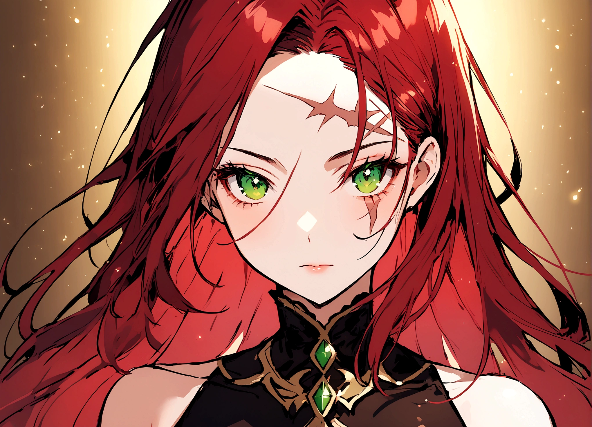 Woman with straight scarlet hair, green eyes, scar on her right eye