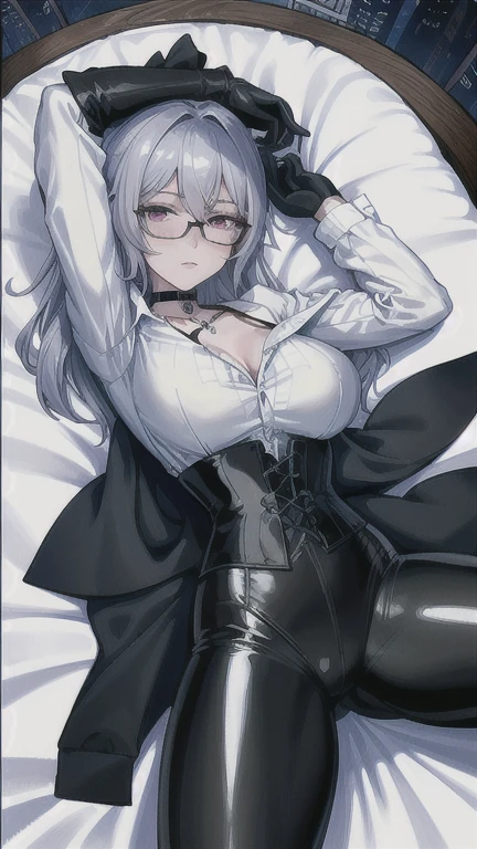 Masterpiece, Beautiful art, professional artist, 8k, art style by sciamano240, rostro de Bronya Zaychik, detailed body, Very detailed face, very detailed eyes, Detailed clothing, detailed fabric, Best Quality, better resolution, 1 girl, View from above, lying on a bed, big breasts, serious expression, at night , silver hair, glasses, choker:1.6, (long sleeve white collar buttoned shirt), (shiny black corset), black gloves covering your hands, (shiny black leggings), looking at the viewer, elegant room, at night