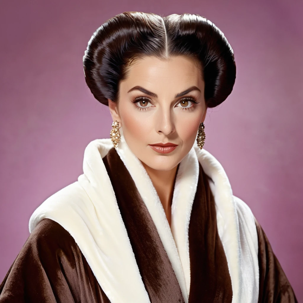 bearded lady with voluminous beard, brown eyes, wet brown hair slicked back, big nose, in dressing gown