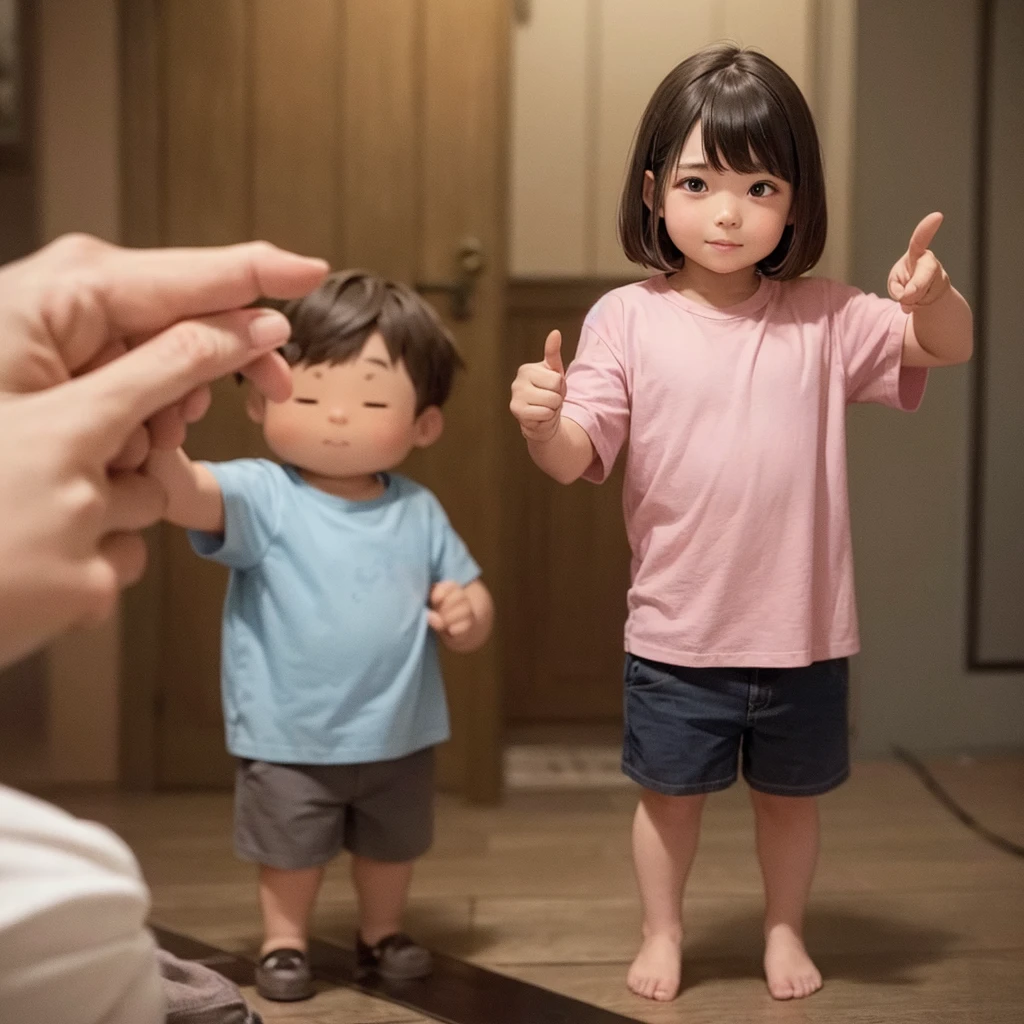 a dwarf wears a light pink t-shirt. His hand is raised, thumb up