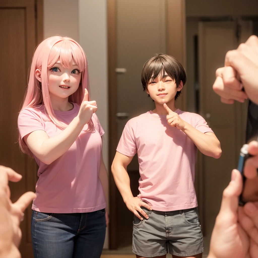 a dwarf wears a light pink t-shirt. His hand is raised, thumb up