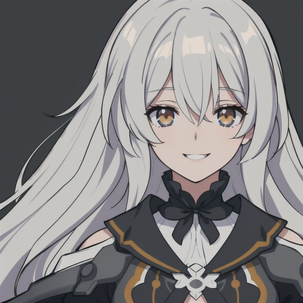 anime girl, happy smile, happy expression, light grey hair, firefly, dark brown clothes, 1girl, masterpiece, (beautiful and aesthetic:1. 5), thick black lineart, clean lineart, perfect lineart, variable lineart, clean anime outlines, intense line art, bold lineart, sharp lineart, best quality, high quality, best quality, ultra-detailed, colourful, saturated colours, dynamic lighting, HD,