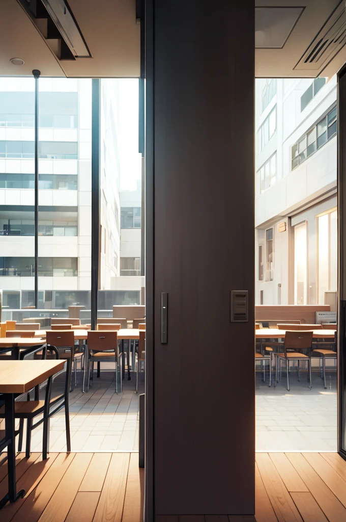 a cafeteria seen from outside during the day with few people, detailed architectural exterior, beautiful natural lighting, warm color tones, photorealistic, 8k, highly detailed, masterpiece