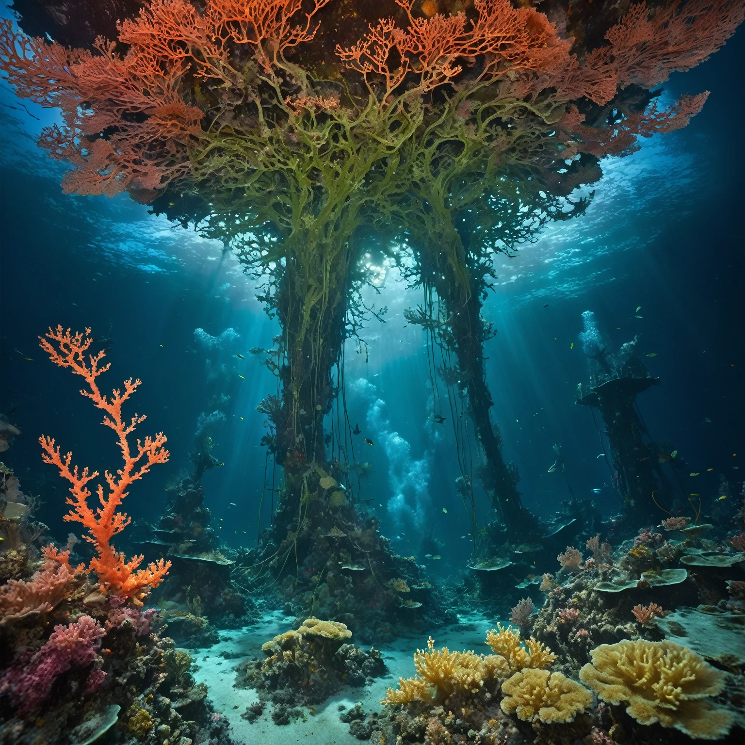 In a brief interim a coral dryad illuminates with St. Elmo's Fire a Boeing 747 crash site on submarine mountain covered by algae and coral, showcasing the destruction partially hidden by the acuatic vegetation, underwater scene, melancholic, organic forms, art nouveau, neogothic touch, influenced by Zena Holloway, Shaun Tan and Seth Globepaint.