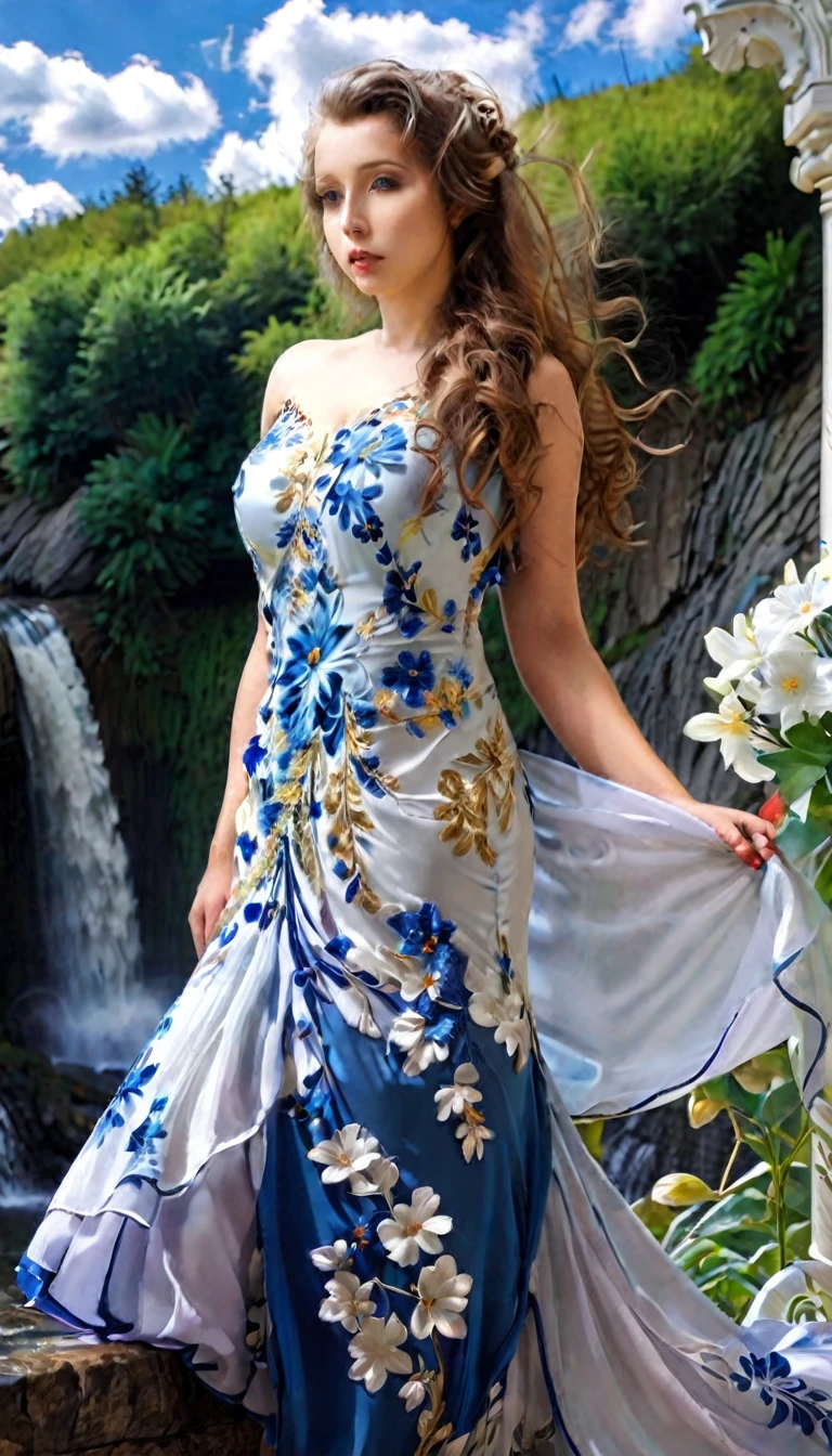 hdr, digital, big clear blue sky, clouds, a young, cute, beautiful girl looking at the waterfall, admired, 25 years old, Russian, blue latex dress, flowers, white ivory column with gold, most beautiful image in the world,