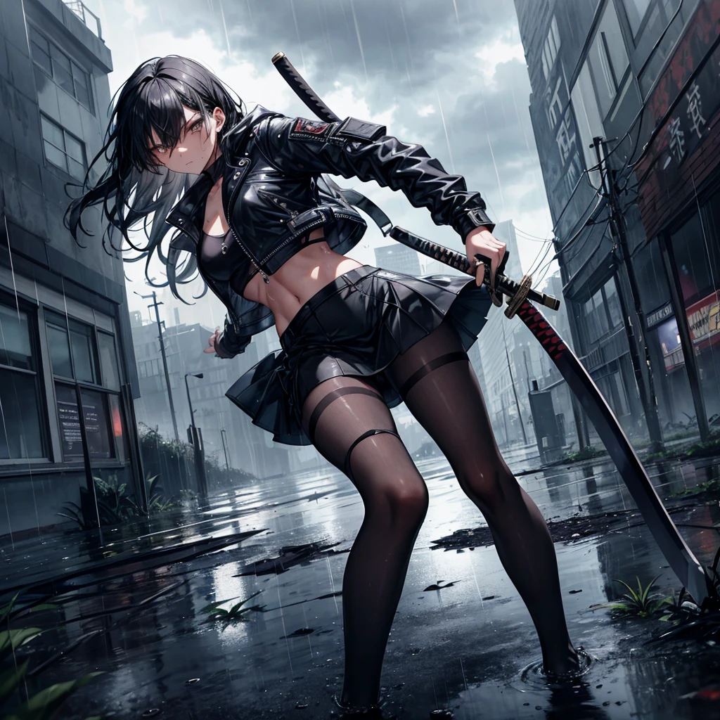 ((Highest quality)), ((masterpiece)), (detailed), A beautiful black-haired girl with an eye patch and a katana, in a dynamic fighting pose, looking down at the viewer with an emotionless expression. She is in a desolate cityscape, heavily damaged and partially flooded by the relentless rain. The girl is dressed in a black leather jacket, a crop top, a mini skirt, and black pantyhose, all slightly torn, showing signs of a fierce battle. The rain pours down hard, creating a dramatic and tense atmosphere, with flashes of lightning illuminating the dark clouds and the ruins around her. The reflections in the puddles on the ground and the glistening water on her clothes add to the realism and intensity of the scene.