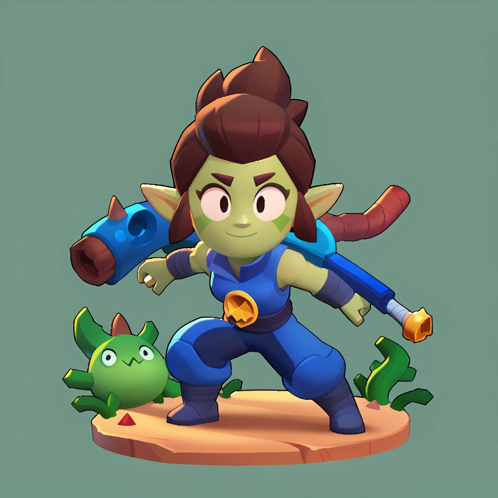 full body view of a age elf, sleeveless dark blue ninja suit, short brown hair, green skin, pointy ears, roots as a weapon, smiling, brawl, brawl stars