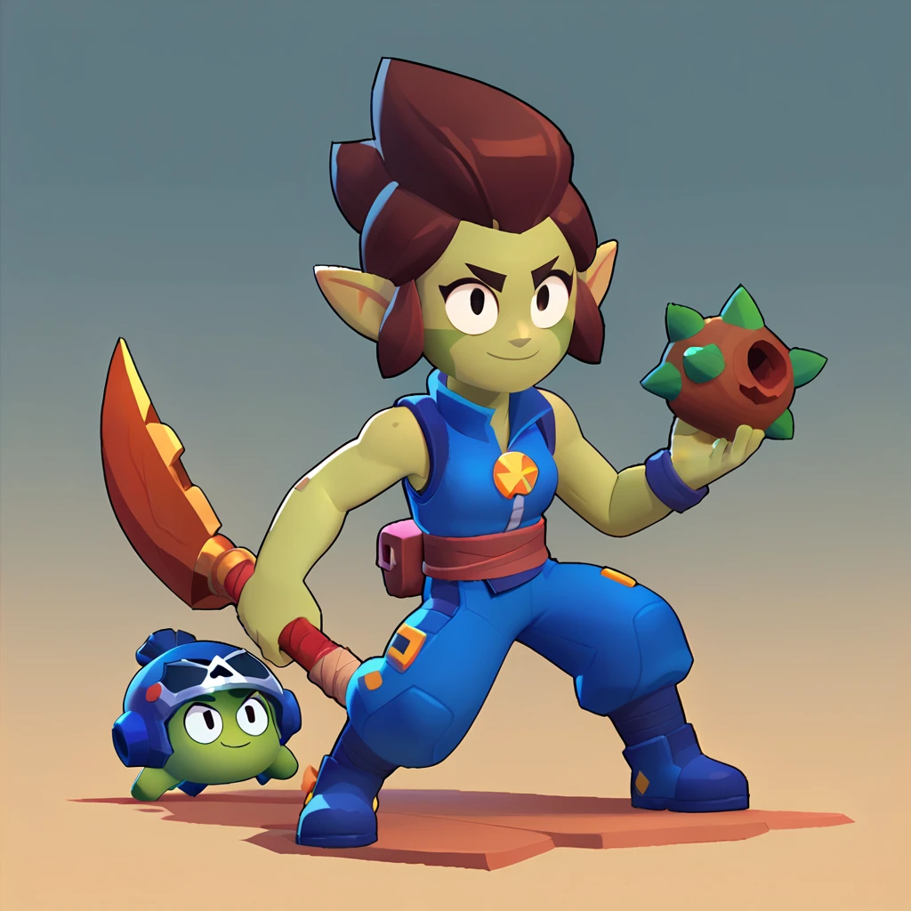 full body view of a age elf, sleeveless dark blue ninja suit, short brown hair, green skin, pointy ears, roots as a weapon, smiling, brawl, brawl stars