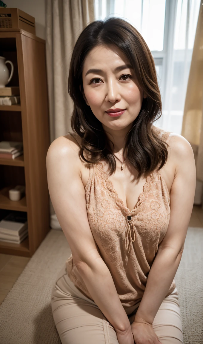 ((highest quality)), ((8K)), ((masterpiece: 1.3)), (Perfect appearance), (Photorealism: 1.6), (Ultra high definition), (1人のJapanese Mature), (Bedroom), (Faint lighting), (60 years old, Japanese Mature), (Her lips are slightly open), (Gentle expression), ((Realistic skin texture)), (Fine wrinkles all over the skin:1.3), (Dull skin:1.1), (Unmoisturized skin:1.2), (Facial wrinkles:0.9), (Wrinkles around the eyes:1.2), double eyelid, Tear bags on the lower eyelids, (Crying Mole:0.9), The eyes are watching me, Serious look, (Dimples on cheeks:1.2), (Long Hair), (Completely naked: 1.4), (Full body portrait: 1.2), 