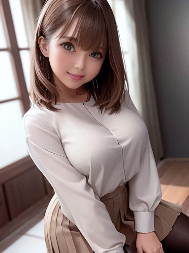 masterpiece, Highest quality, Super detailed, 複雑に詳細なSuper detailed, Realistic, Sharp features, Very detailed, Sharp focus, Perfect Face, Perfect Face, Perfect symmetrical perfect eyes, Perfect Plump Lips, Flexible female form, Cinematic, Film Light, Super detailed, hyper Realistic, High resolution, smile, Happy, Light brown hair, Asymmetrical Hair, Asymmetrical bangs, Messy Hair, Attractive pose, skinny Idol Sculpture, Idol Sculpture, Pleated skirt, close, (Wearing clothes:1.3), (Light background:1.2), Natural light, Black leggings, Roll up your skirt, Dynamic pose,