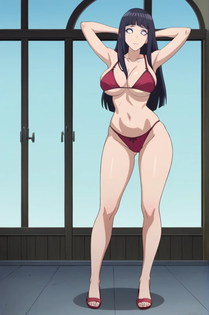 score_9, 1girl,solo, large breasts, (hinata, hyuuga hinata, purple eyes, blunt bangs, black hair) big breasts, perfect breasts, large breasts, round breasts, sexy body, slim waist, nice hips, skinny, nice thighs, black bra, cleavage, bare shoulders, collarbone, tight bra, underboob, slim waist, red thong, red panties, hands behind head, full body shot, long legs