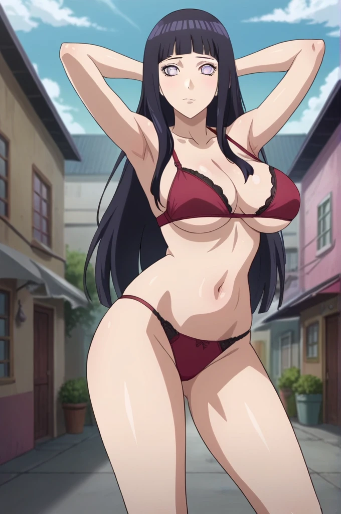 score_9, 1girl,solo, large breasts, (hinata, hyuuga hinata, purple eyes, blunt bangs, black hair) big breasts, perfect breasts, large breasts, round breasts, sexy body, slim waist, nice hips, skinny, nice thighs, black bra, cleavage, bare shoulders, collarbone, tight bra, underboob, slim waist, red thong, red panties, hands behind head, full body shot, long legs