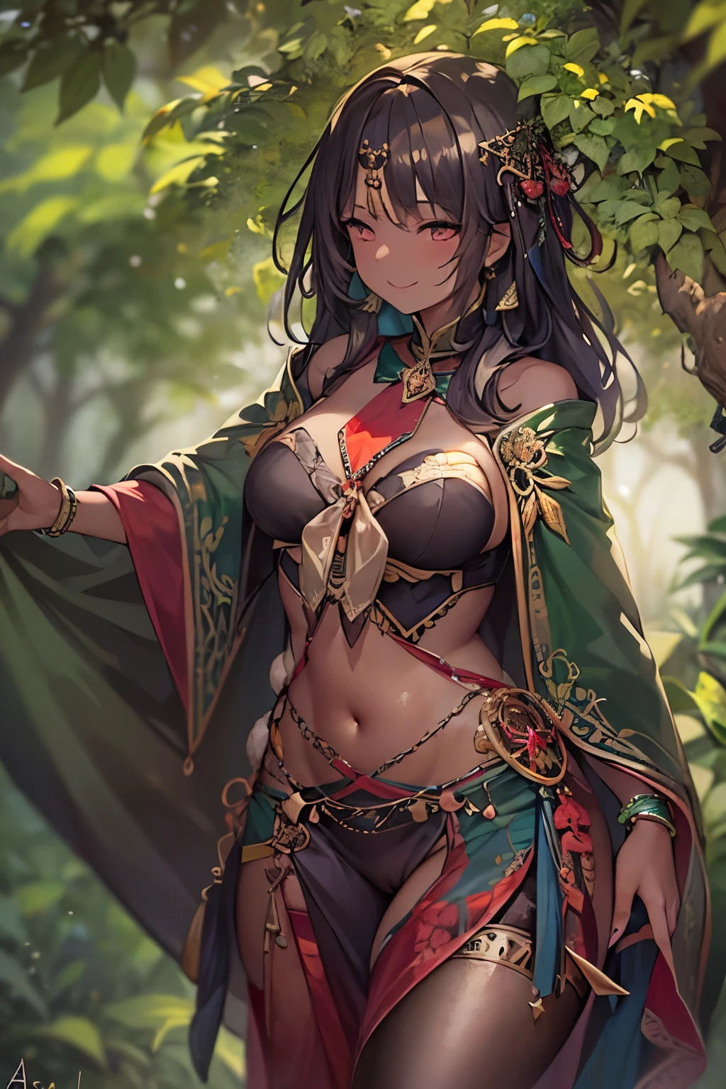 fantasy, 1forest_elemental_girl, (dark_skin)0.9, (using_leaves_clothes, green_leaves_covered_breasts, leaves_covered_pussy),large_breasts, walking, (smile, sleepy)+, medium_hair, navel, oil, (winding_vine_around_torso)++, forest_background, leaves_headgear, green_leaves_cape,armpits, spread_arms, large_staff, thighhighs, plump,