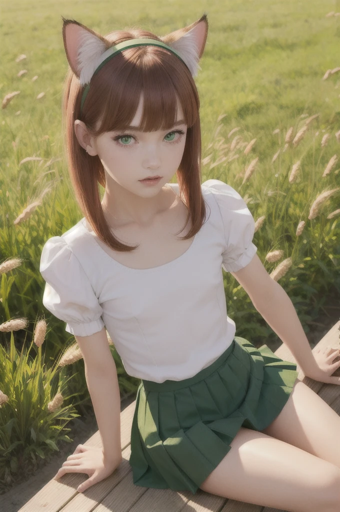 masterpiece, best quality, highly detailed, , , , , 1girl, , slim, small-waisted, flat chest, , , , bangs, short hair, red hair, fake animal ears, cat ears, hairband, sidelocks, blunt bangs, short hair with long locks, green eyes, detailed eyes, BREAK, short sleeves, juliet sleeves, puffy short sleeves, puffy sleeves, shirt, pleated high waisted skirt pulled up, transparent , skirt pulled up, , , sweat, , , , , sitting, , field of wheat, 