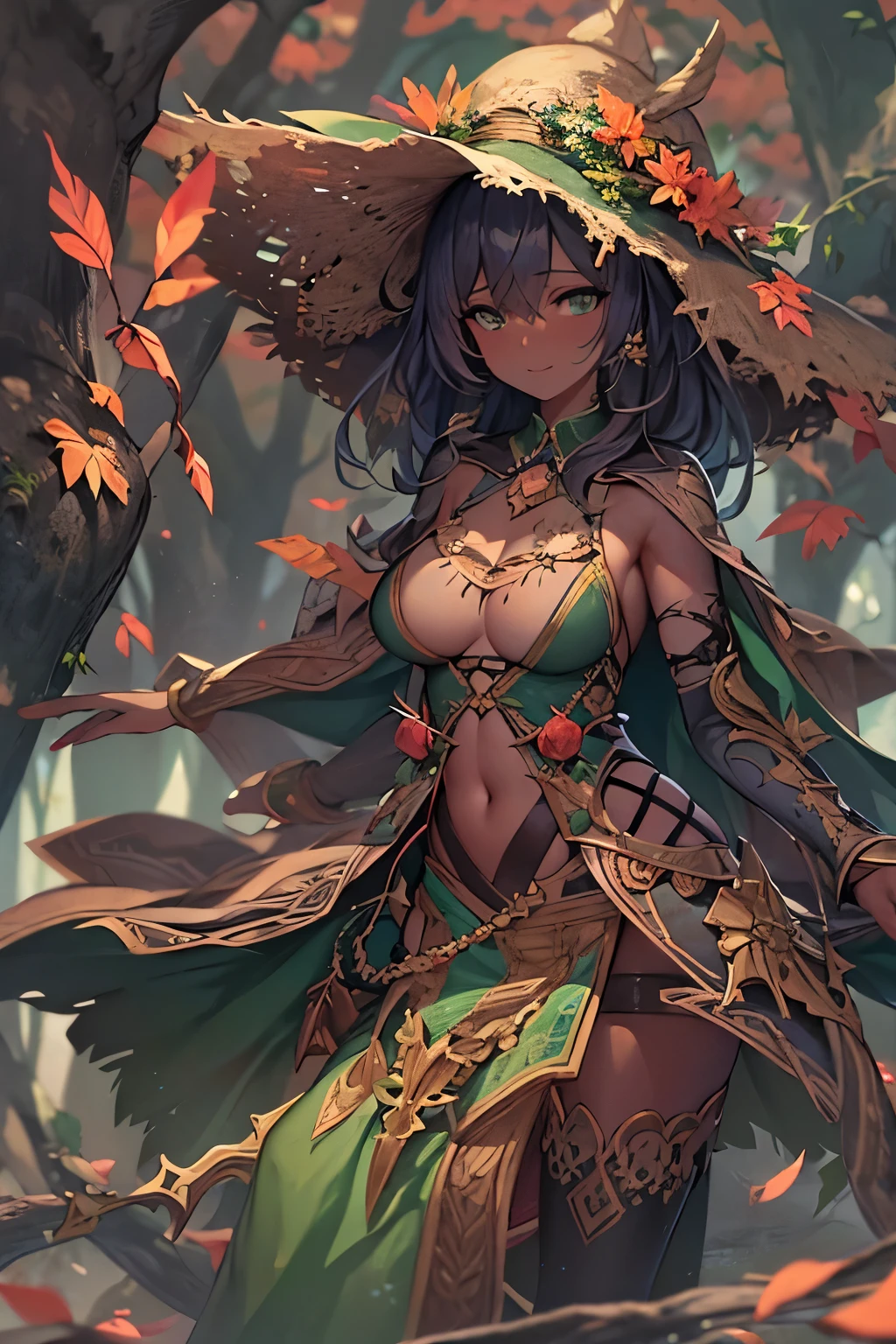 fantasy, 1forest_elemental_girl, (dark_skin)0.9, (using_leaves_clothes, green_leaves_covered_breasts, leaves_covered_pussy),large_breasts, walking, (smile, sleepy)+, medium_hair, navel, oil, (winding_vine_around_torso)++, forest_background, leaves_headgear, green_leaves_cape,armpits, spread_arms, large_staff, thighhighs, plump,