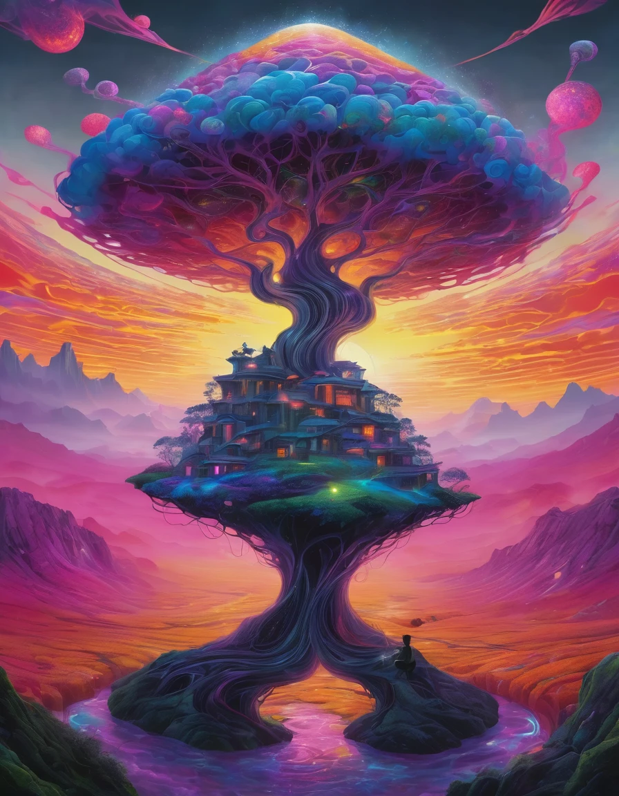 A dmt entity smoking a pipe made of flowing, thread-like fluorescent neon material pulls itself apart from the torso revealing a breathtaking cartoon dreamlike landscape bathed in the gray light of sunset that is vortexing into a dream spiral. The contrast between the dark, ethereal form and the vivid bright colours, open expanse beyond evokes a sense of revelation and transformation. This striking image captures the unveiling of hidden beauty and emergence of inner worlds.