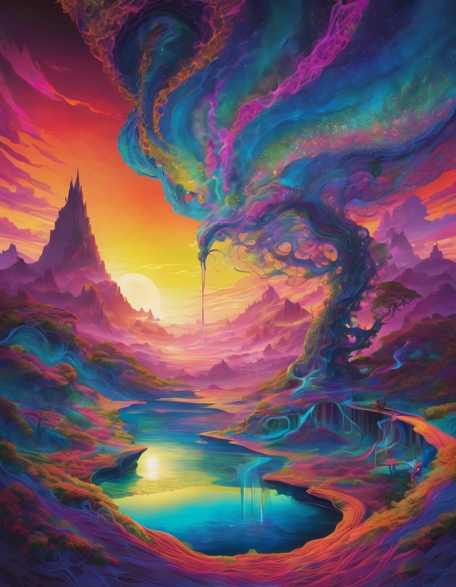 A dmt entity  smoking a pipe made of flowing, thread-like fluorescent neon material pulls itself apart from the torso revealing a breathtaking cartoon dreamlike landscape bathed in the  gray light of sunset that is vortexing into a dream spiral. The contrast between the dark, ethereal form and the vivid bright colours, open expanse beyond evokes a sense of revelation and transformation. This striking image captures the unveiling of hidden beauty and emergence of inner worlds.