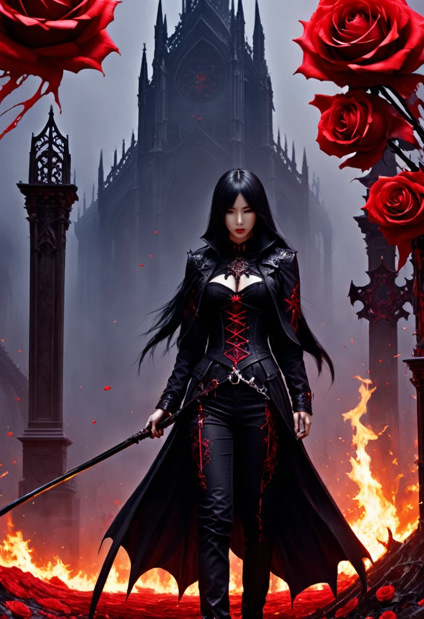 (Messenger from hell:1.4),cross,one个巨大的吸Blood鬼,Scythe seen from below,hell,magma,flame,(紫色flame:1.3),There is fresh Blood on the ground,Blood pool,dripping Blood,Gothic aesthetics,one、Rose、castle、cross、Blood、Churchyard,Gothic style的神秘、Solemn and profound,Gothic style,Gothic style蕾丝的衣服、象征浪漫的Rose、grave、吸Blood鬼、witch、ruins、Gothic Cathedral,Gothic symbols series