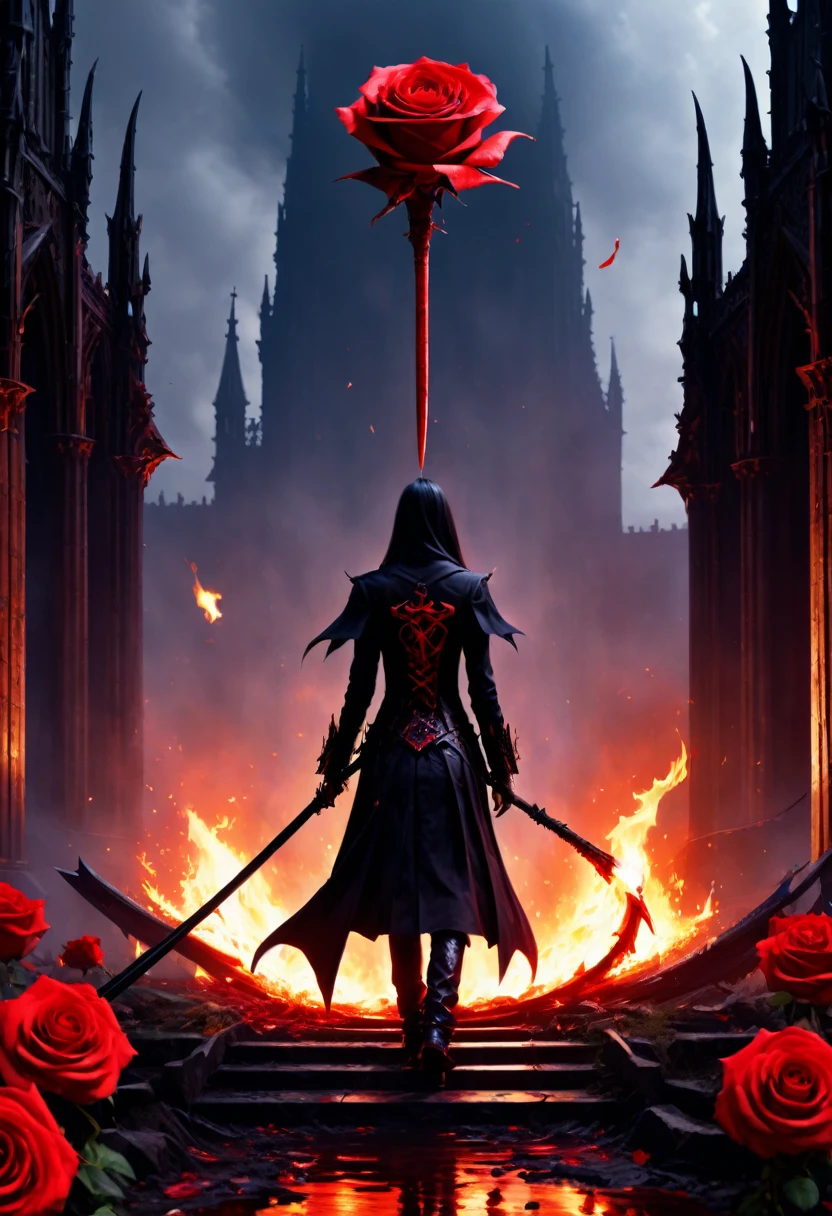 （Messenger from hell：1.4），cross，one个巨大的吸Blood鬼，Scythe seen from below，hell，magma，flame，（紫色flame：1.3），There is fresh Blood on the ground，Blood pool，dripping Blood，Gothic aesthetics，one、Rose、castle、cross、Blood、Churchyard，Gothic style的神秘、Solemn and profound，Gothic style，Gothic style蕾丝的衣服、象征浪漫的Rose、grave、吸Blood鬼、witch、ruins、Gothic Cathedral，Gothic symbols series