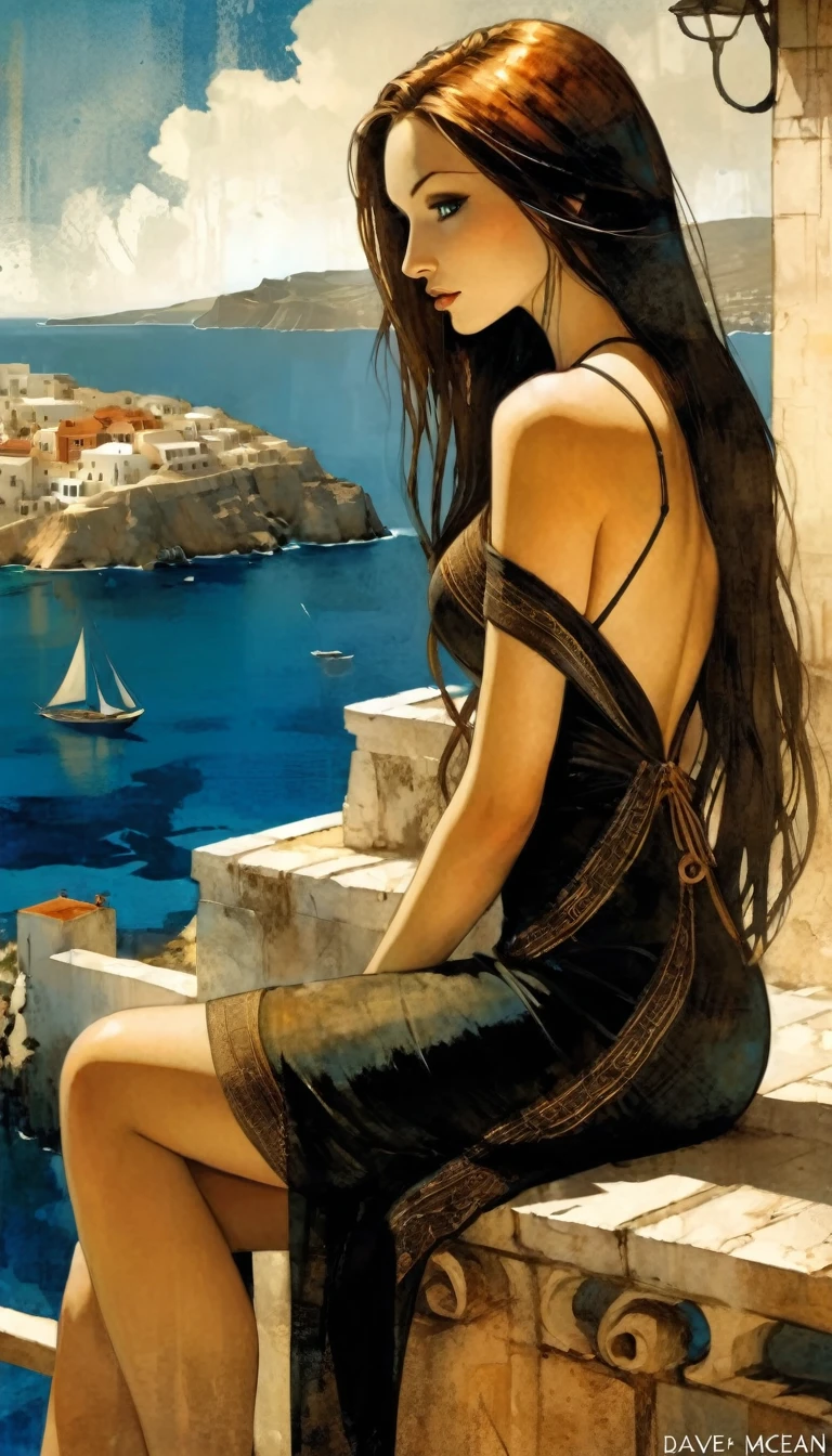 very sexy girl with long hair, wearing an elegant and sexy dress, sitting on a terrace, overlooking the sea of a typical Greek town.1.5, art inspired by dave mckean