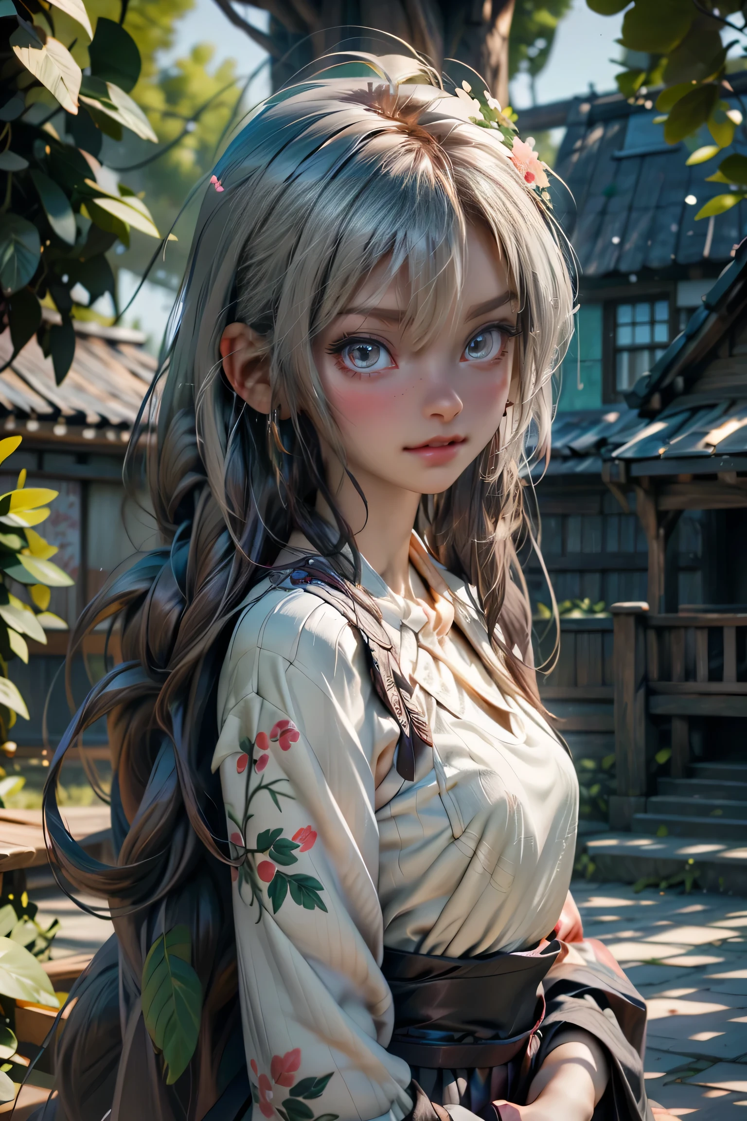 A wise old man with silver hair, green eyes, and a long green robe, stands in a small, picturesque village with wooden houses and lush greenery.
The old man looks serene and thoughtful.
The scene is set at sunrise, with soft light filtering through the trees.