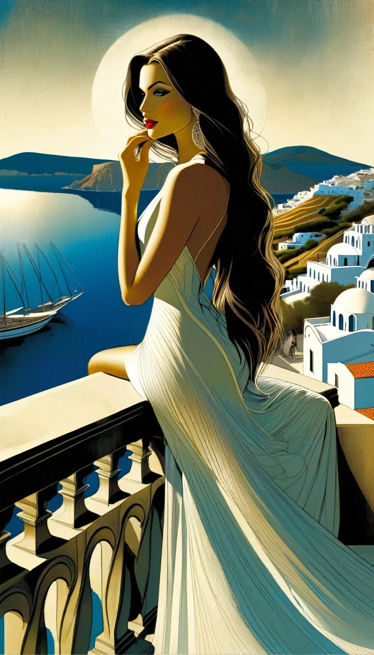 eroticism, sexy, transparent nightgown, luxurious room, open terrace overlooking typical Greek village, tmari, sketch, traditional media, pen drawing, white background (art inspired by Bill Sienkiewicz). oil painting)
