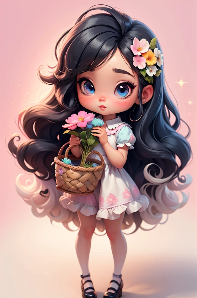 imagem de alta qualidade de uma boneca chibi Megan Fox: boneca chibi ,illustration,detalhes delicados,Pose encantadora,lovely expression,cores suaves,roupa bonita,cabelos intrincados,beautiful eyes and lips,melhor qualidade,ultra-detalhado,fotorrealista,vivid colors, solid background, profesional lighting, girly accessories, espressiva, headband flowers, blue eyes, ombre hair, long hair, basket of flowers in hands, lovely pose, black eyes, wearing a fairy outfit pastel colors glitter,, pink, and soft purple, exuberant, perfect, centered in the photo with a white background, nitid, fairy vibes, standing, pink flat shoes, vibrant, white background, black hair, hair blonde, black hair,
