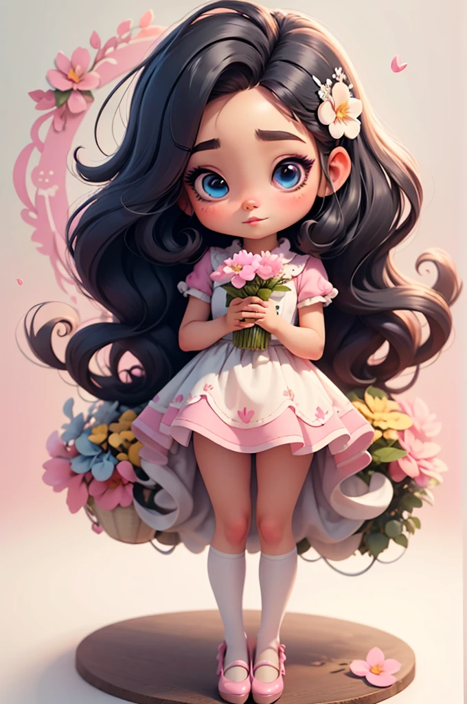 imagem de alta qualidade de uma boneca chibi Megan Fox: boneca chibi ,illustration,detalhes delicados,Pose encantadora,lovely expression,cores suaves,roupa bonita,cabelos intrincados,beautiful eyes and lips,melhor qualidade,ultra-detalhado,fotorrealista,vivid colors, solid background, profesional lighting, girly accessories, espressiva, headband flowers, blue eyes, ombre hair, long hair, basket of flowers in hands, lovely pose, black eyes, wearing a fairy outfit pastel colors glitter,, pink, and soft purple, exuberant, perfect, centered in the photo with a white background, nitid, fairy vibes, standing, pink flat shoes, vibrant, white background, black hair, hair blonde, black hair,
