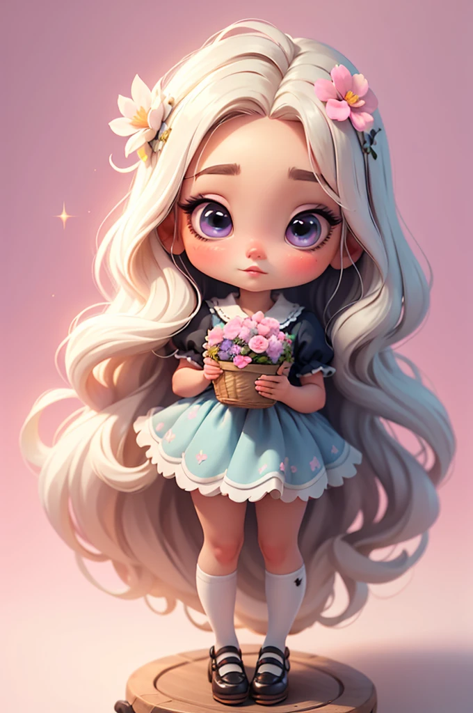 imagem de alta qualidade de uma boneca chibi Megan Fox: boneca chibi ,illustration,detalhes delicados,Pose encantadora,lovely expression,cores suaves,roupa bonita,cabelos intrincados,beautiful eyes and lips,melhor qualidade,ultra-detalhado,fotorrealista,vivid colors, solid background, profesional lighting, girly accessories, espressiva, headband flowers, blue eyes, ombre hair, long hair, basket of flowers in hands, lovely pose, black eyes, wearing a fairy outfit pastel colors glitter,, pink, and soft purple, exuberant, perfect, centered in the photo with a white background, nitid, fairy vibes, standing, pink flat shoes, vibrant, white background, black hair, hair blonde, black hair,
