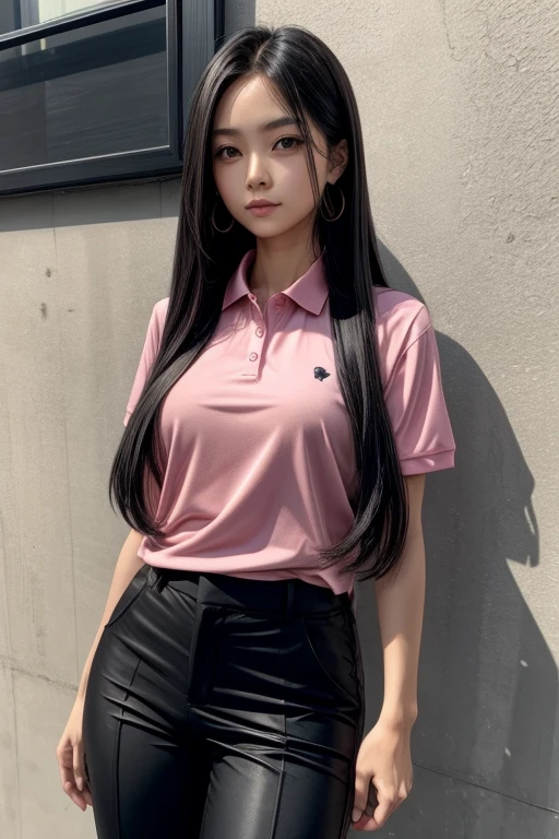 long hair lady, with black pants and pink polo