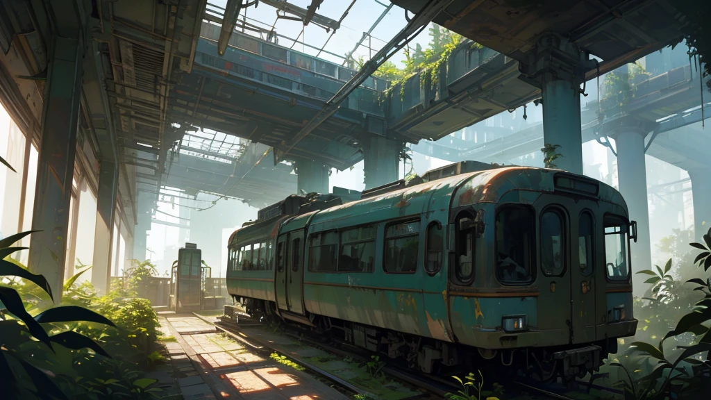 a futuristic abandoned train station reception, overgrown with plants, cyberpunk architecture, high angle view, detailed environment, intricate details, moody lighting, dramatic shadows, vibrant colors, advanced technology, decaying structures, nature reclaiming the space, best quality, 8k, highres, masterpiece, hyper detailed, photorealistic