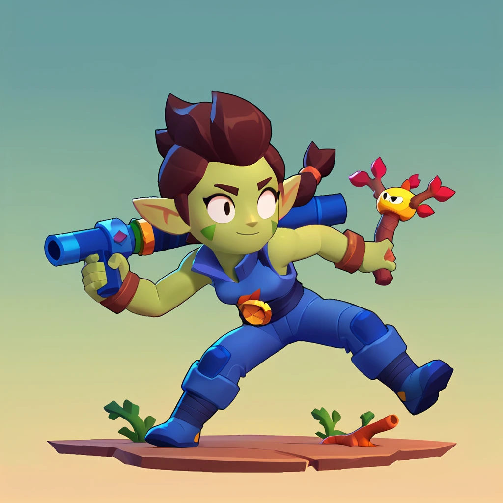 full body view of a teenage elf, sleeveless dark blue ninja suit, short brown hair, green skin, pointy ears, roots as a weapon, smiling, brawl, brawl stars