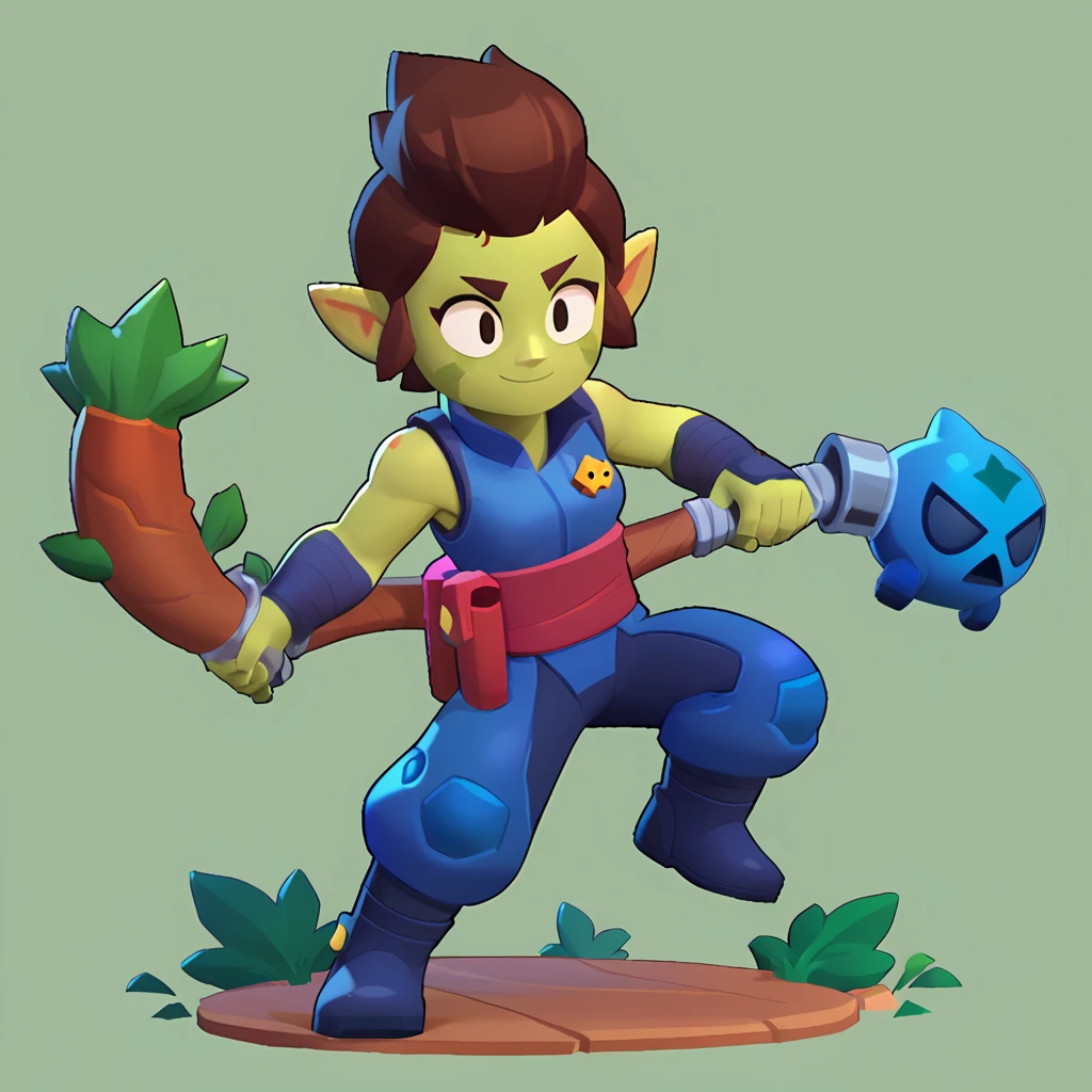 full body view of a teenage elf, sleeveless dark blue ninja suit, short brown hair, green skin, pointy ears, roots as a weapon, smiling, brawl, brawl stars