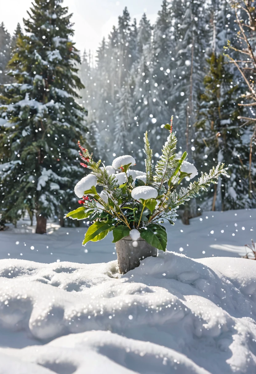 Snow Scene，snow，plant（（（Romantic atmosphere）））（（（fairy tale elements）））（（（masterpiece）））， （（best quality））