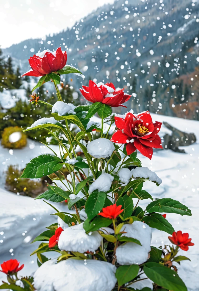 Snow Scene，snow，plant（（（Romantic atmosphere）））（（（fairy tale elements）））（（（masterpiece）））， （（best quality））