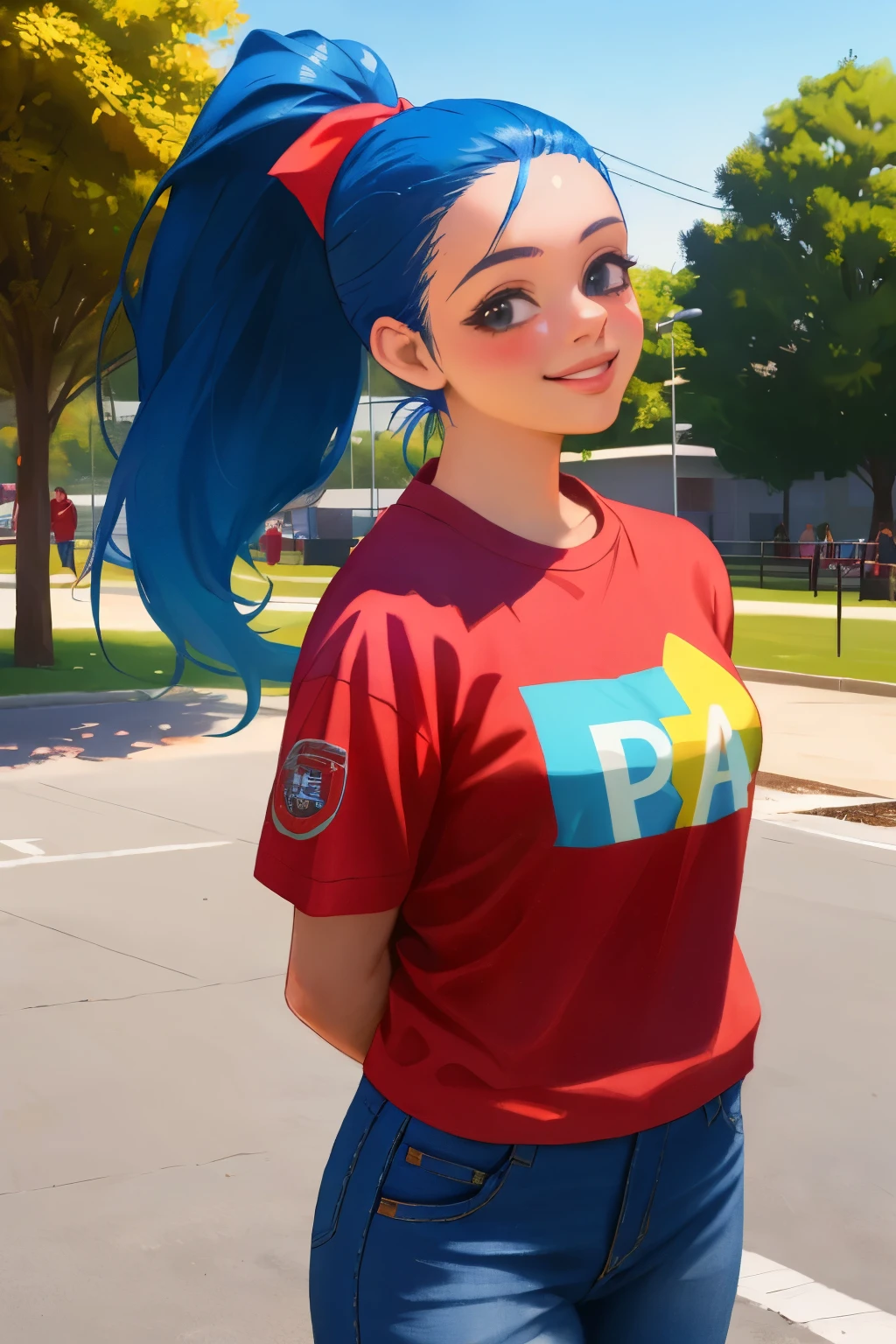 a young latina girl standing outdoors on a sunny day, wearing a red supreme shirt and blue jeans, with her hair in a ponytail, smiling confidently with her hands behind her back, at an outdoor event in a park with people in the distance, sidewalk, fence, natural daylight, clear facial features, clothing texture, realistic, high-quality, photograph, vibrant colors, photorealistic, professional, masterpiece, ultra-detailed, physically-based rendering