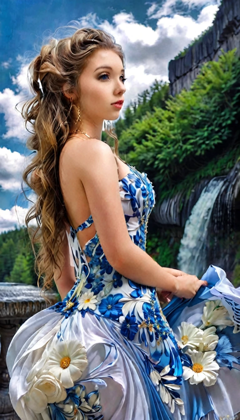 hdr, digital, big clear blue sky, clouds, a young, cute, beautiful girl looking at the waterfall, admired, 25 years old, Russian, blue latex dress, flowers, white ivory column with gold, most beautiful image in the world,