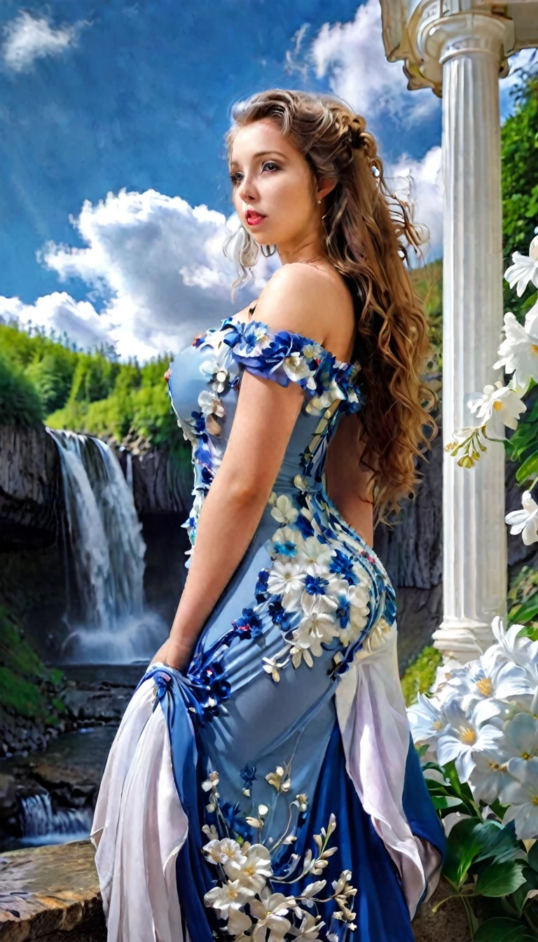 hdr, digital, big clear blue sky, clouds, a young, cute, beautiful girl looking at the waterfall, admired, 25 years old, Russian, blue latex dress, flowers, white ivory column with gold, most beautiful image in the world,