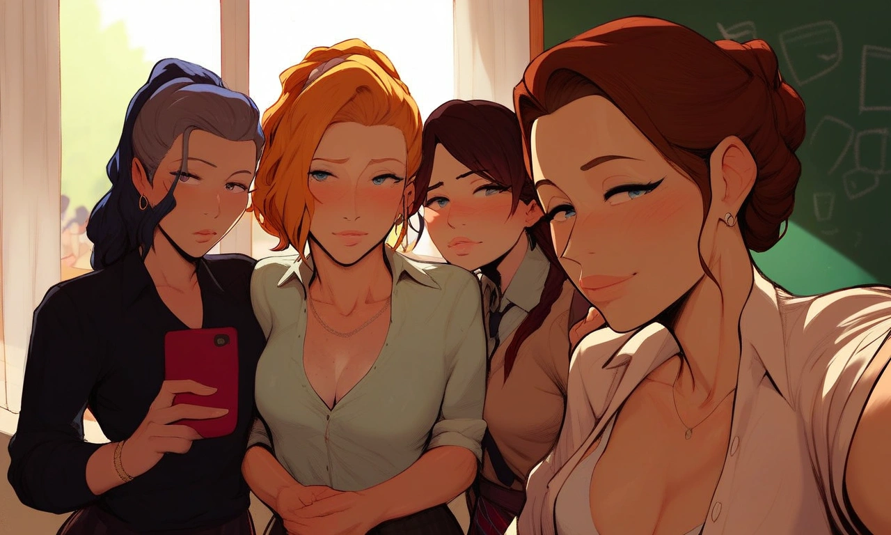 idolm@ster, score_9, score_8_up, score_7_up, 3girls, selfie, teacher/students, ((horny confident devious female teacher)) hugging  shy 18yo girls, downblouse, in crowded class, dynamic, rich, expensive, intimate, erotic
