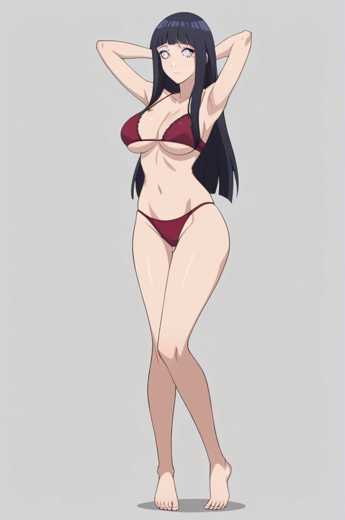 score_9, 1girl,solo, large breasts, (hinata, hyuuga hinata, purple eyes, blunt bangs, black hair) big breasts, perfect breasts, large breasts, round breasts, sexy body, slim waist, nice hips, skinny, nice thighs, black bra, cleavage, bare shoulders, collarbone, tight bra, underboob, slim waist, red thong, red panties, hands behind head, full body shot, long legs, bare feet, basic background, plain background, photoshoot, white backdrop