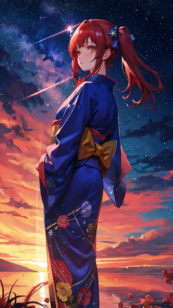 1girl, distant girl wearing a blue kimono staring at the stars, full red hair girl, pigtails and straight bangs hair, medium hair, yellow eyes, -yeld-gi(zoomed out:1.1), (meteor shower:1.2), (comet:1.1), your name, low angle, from behind, aroura borealis, shooting star, yukata, kimono, cherry blossoms, standing in a field, best quality, masterpiece, cloud, colorful, starry, stars,