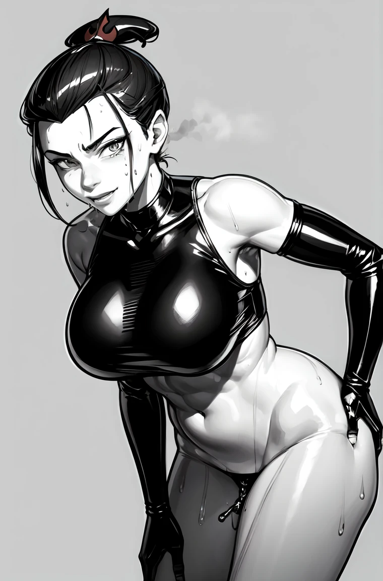 masterpiece, Best quality, color, One, 1 girl, Azula, closed mouth, smiling, draw up, (latex, hole in the groin area), wide hips, is, is, big is. costs, legs apart, pomade, looks at the viewer, simple background, erotica, improve, slut, cum on face, full of cum, sweat, wet, sweatекший макияж, jerking off,