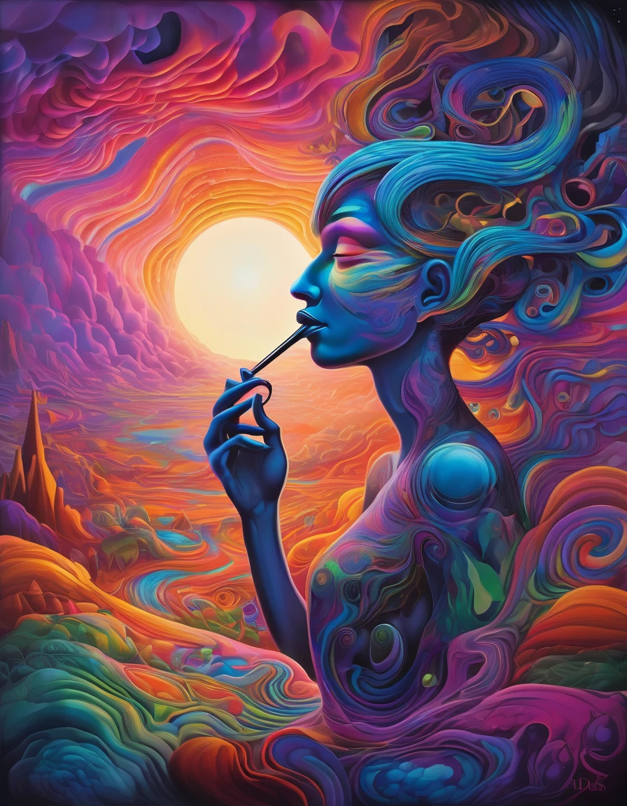 A dmt entity  smoking a pipe made of flowing, thread-like fluorescent neon material pulls itself apart from the torso revealing a breathtaking cartoon dreamlike landscape bathed in the  gray light of sunset that is vortexing into a dream spiral. The contrast between the dark, ethereal form and the vivid bright colours, open expanse beyond evokes a sense of revelation and transformation. This striking image captures the unveiling of hidden beauty and emergence of inner worlds.