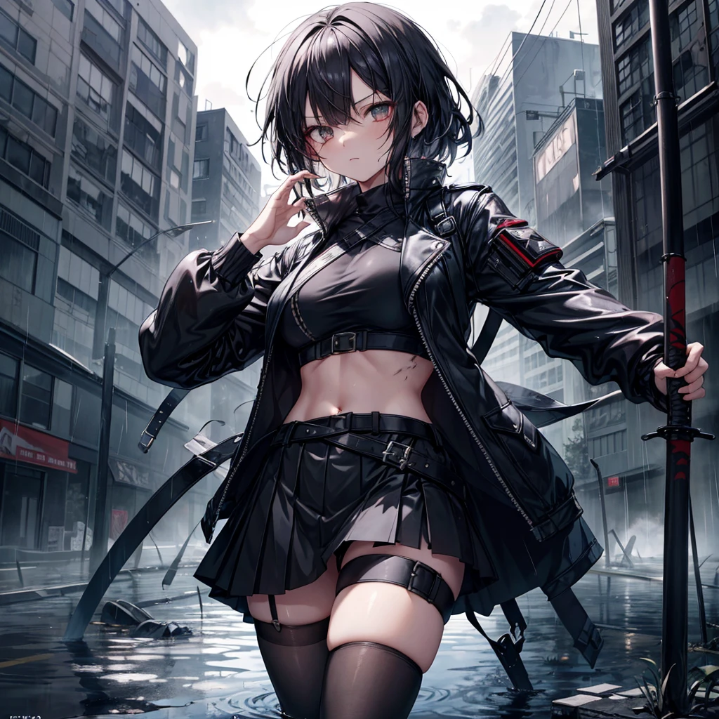 ((Highest quality)), ((masterpiece)), (detailed), A beautiful black-haired girl with an eye patch covering her left eye and a katana, in a dynamic fighting pose, looking down at the viewer with an emotionless expression. She is in a desolate cityscape, heavily damaged and partially flooded by the relentless rain. The girl is dressed in a black leather jacket, a crop top, a mini skirt, and black pantyhose, all of which are heavily torn and tattered, showing signs of intense and brutal battles. The eye patch is a black, leather patch securely fastened over her left eye with a thin, but sturdy strap. The rain pours down hard, creating a dramatic and tense atmosphere, with flashes of lightning illuminating the dark clouds and the ruins around her. The reflections in the puddles on the ground and the glistening water on her clothes add to the realism and intensity of the scene.