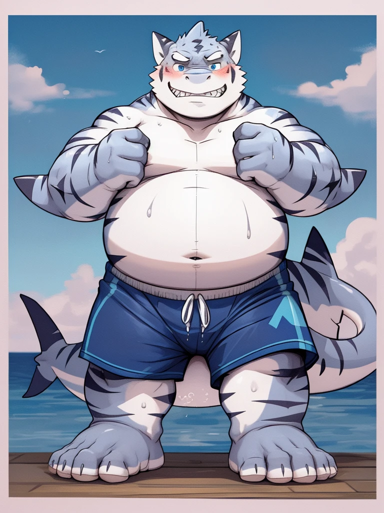 (New Jersey 5) anthro, White Tiger ,Chubby,Fat,Thick arms,) Rugged muscles,(((White skin))),Solitary,Chubby Face,Sky blue eyes,(sweat),(smirk:1.2),(White Tiger is blushing as he sniffs Other Shark's big feet)
BREAK
(anthro Other Shark, smirk),(no t-shirt),(swim trunks),(Other Shark is blushing enjoying White Tiger sniffing his feet),(Bedroom night),(panorama:1.2),