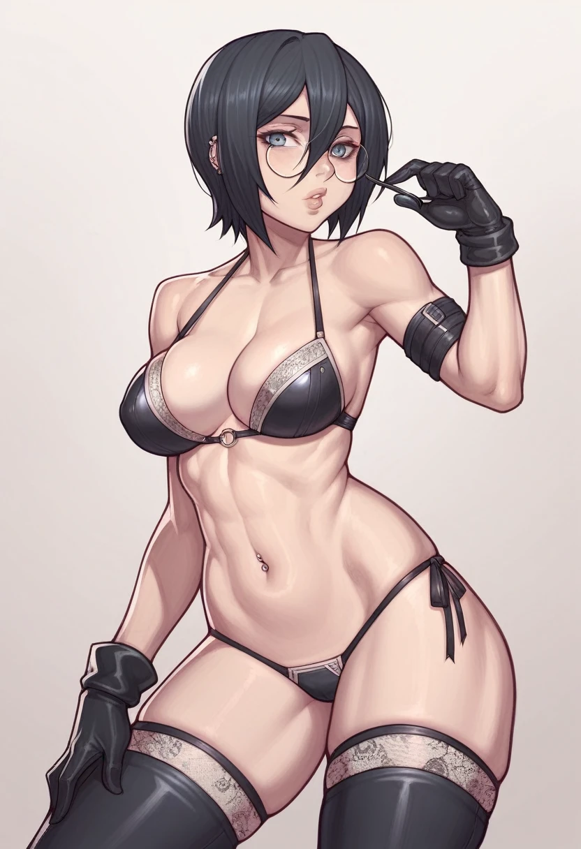 _asura style, 1girl, rukia kuchiki, breasts, solo, glasses, thighhighs, gloves, navel, navel_piercing, swimsuit, bikini, short_hair, piercing, round_eyewear, black_gloves, cleavage, open_clothes, hair_ornament, pink_thighhighs, medium_breasts, lace_trim, lips