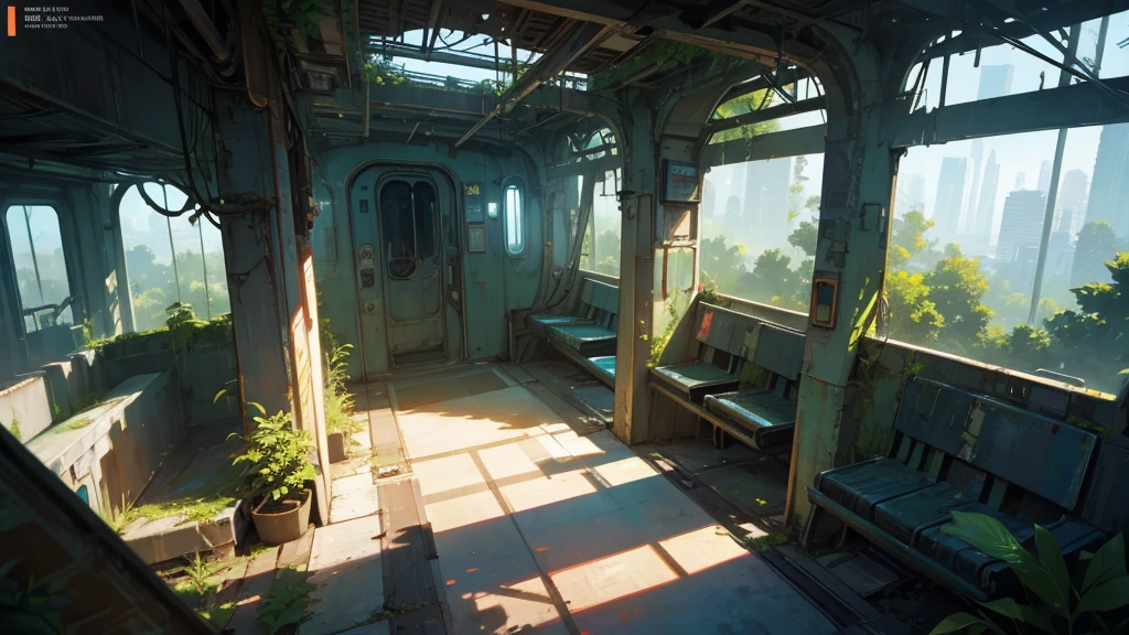 a futuristic abandoned train station reception, overgrown with plants, cyberpunk architecture, high angle view, detailed environment, intricate details, moody lighting, dramatic shadows, vibrant colors, advanced technology, decaying structures, nature reclaiming the space, best quality, 8k, highres, masterpiece, hyper detailed, photorealistic
