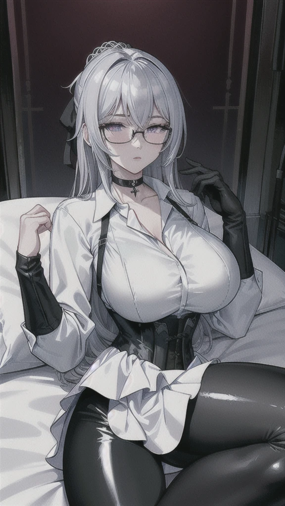 Masterpiece, Beautiful art, professional artist, 8k, art style by sciamano240, rostro de Bronya Zaychik, detailed body, Very detailed face, very detailed eyes, Detailed clothing, detailed fabric, Best Quality, better resolution, 1 girl, View from above, lying on a bed, big breasts, serious expression, at night , silver hair, glasses, choker:1.6, (long sleeve white collar buttoned shirt), (shiny black corset), black gloves covering your hands, (shiny black leggings), looking at the viewer, elegant room, at night