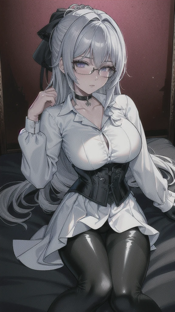 Masterpiece, Beautiful art, professional artist, 8k, art style by sciamano240, rostro de Bronya Zaychik, detailed body, Very detailed face, very detailed eyes, Detailed clothing, detailed fabric, Best Quality, better resolution,  1 girl, View from above, lying on a bed, big breasts, serious expression,  at night , silver hair, glasses, choker:1.6, (long sleeve white collar buttoned shirt), (shiny black corset), black gloves covering your hands, (shiny black leggings), looking at the viewer, elegant room, at night