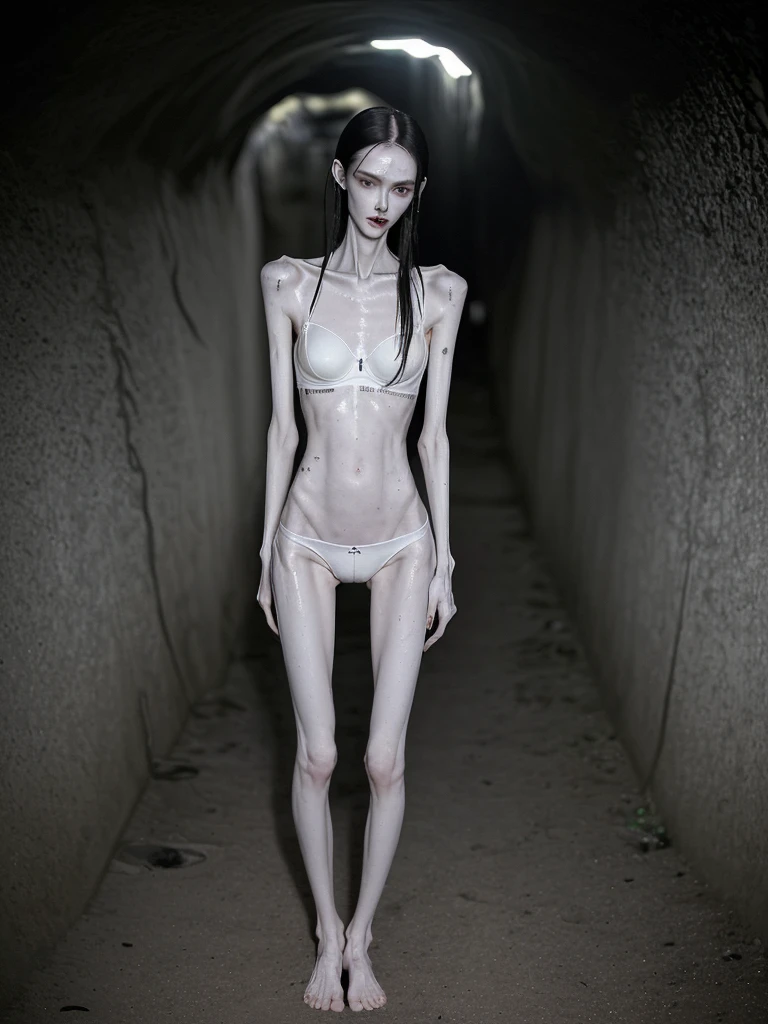 a woman, very thin body, body visible bones, very slender, sweaty wet body, pale white skin, panties, bra,tatto, full body, has a mental breakdown in an underground prison